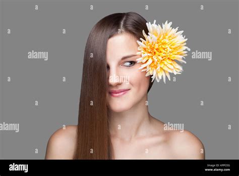 Beautiful Brunette With Long Straight Hair Stock Photo Alamy