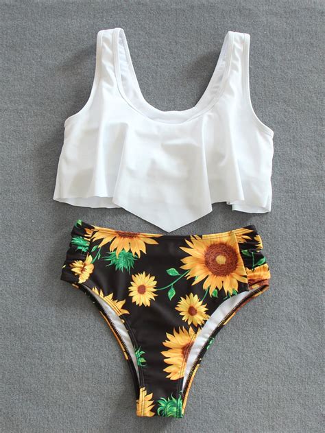Ba Ador Bikini De Cintura Alta Bajo De Pa Uelo Con Estampado De Girasol
