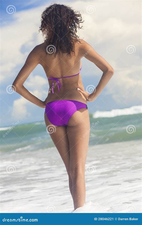Woman Girl In Bikini Standing In Sea Surf Beach Stock Image