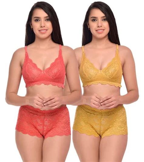 Buy PIBU Trendy Style Red Yellow Bra Panty Set For Women Lingerie Set Pack Of 2 Online At Best