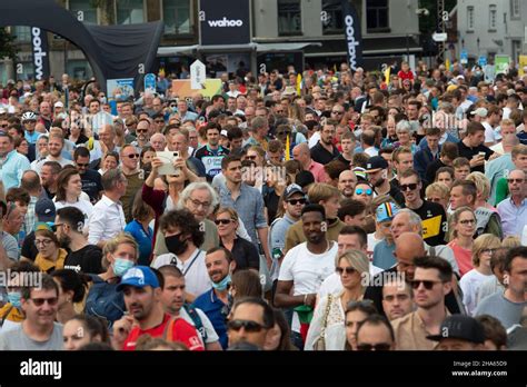 Belgian Cycling Fans Crowd The Streets At The Podium Presentation For