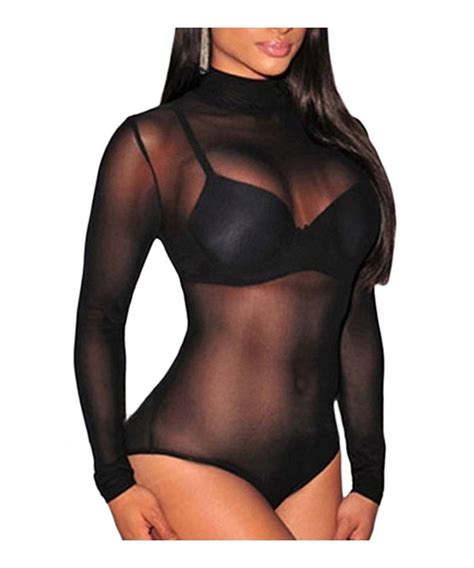 Women Sexy Sheer Floral Lace Bodysuit Long Sleeve Teddy Lingerie Black Sheer C8189T8LXE4