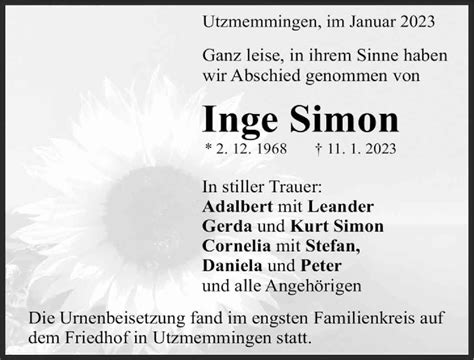 Traueranzeigen Von Inge Simon Augsburger Allgemeine Zeitung