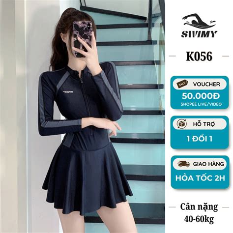 K Đồ bơi nữ dài tay SWIMY chất liệu cao cấp bikini nữ đi bơi đi biển dáng váy kèm quần