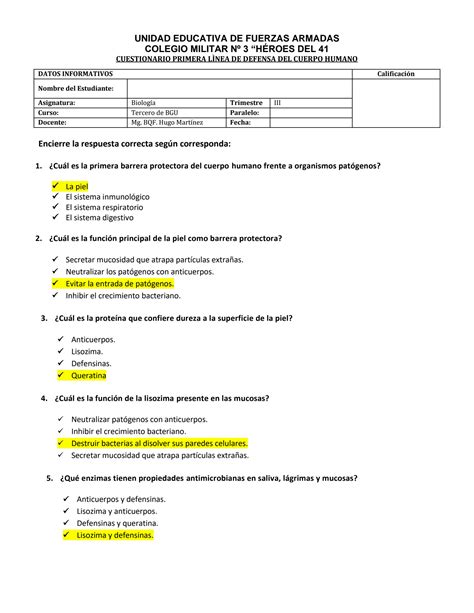 Solution Cuestionario Primera Linea De Defensa Del Cuerpo Humano