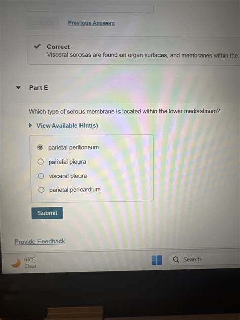 Solved Part EWhich Type Of Serous Membrane Is Located Within Chegg