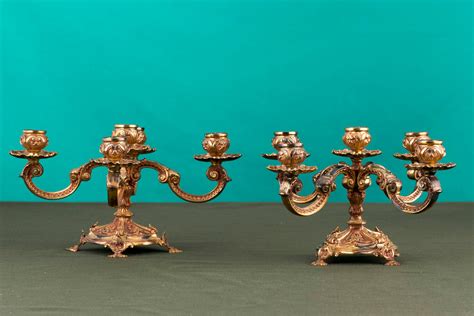 Lot Par De Candelabros Baixos De 5 Lumes Em Prata Portuguesa Dourada