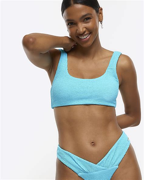 Blue Textured Cami Bikini Top River Island