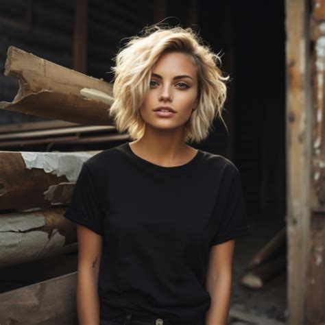 Premium Photo Cute Woman With Blonde Hair Cute Pose In A Black Gildan Tshirt With Tight