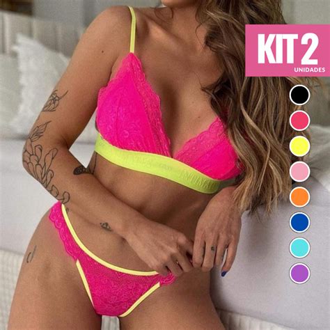 Kit Conjuntos Renda Neon Bicolor Lingerie Feminina Conforto Sexy Ntimo Sensual Forro