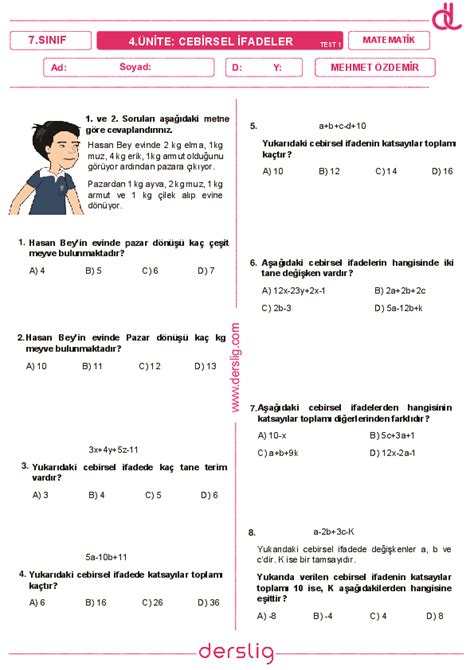 S N F Matematik Cebirsel Fadeler Test Mehmet Zdemir Yaprak