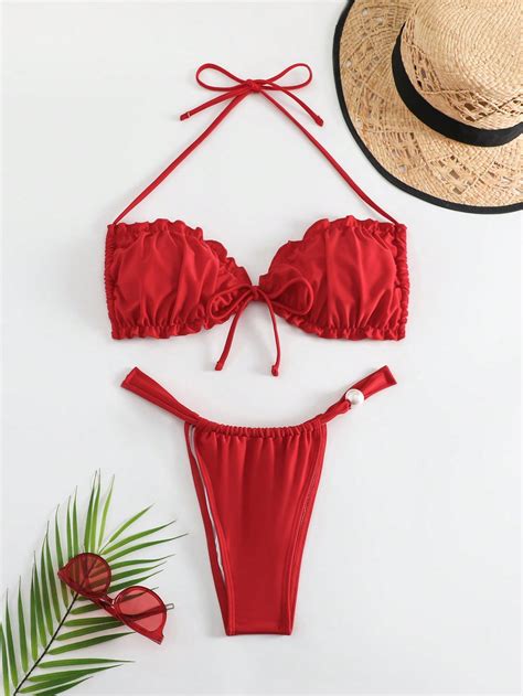 Women S Solid Color Pleated Halter Neck Bikini Set With Separated Swimsuit SHEIN USA