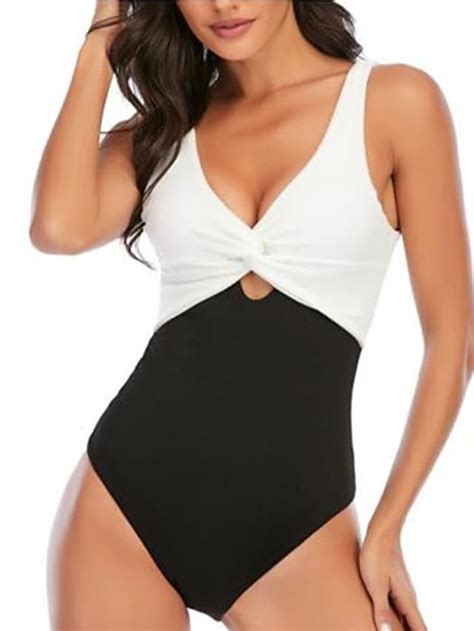 Damen Bademode Ein Stück Monokini Badeanzug Bauchkontrolle Weiß Schwarz