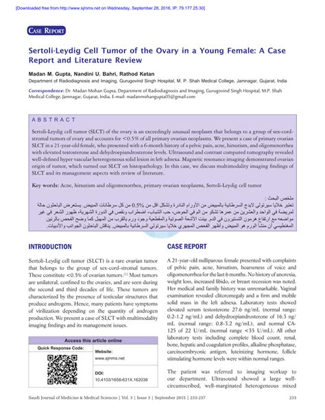 Pdf Sertoli Leydig Cell Tumor Of The Ovary In A Young Female A Case