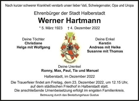 Traueranzeigen Von Werner Hartmann Abschied Nehmen De