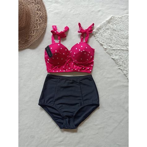 Jual BK 3309 AN3 PINK FUSIAH DOT PUTIH CELANA HITAM BIKINI FOAM WITH WIRES PANTIES HIGH WAIST