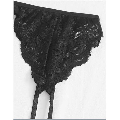 Sexy Sheer Floral Lace Spaghetti Straps Piece Halter Lingerie Bra Panty Set With Garter N