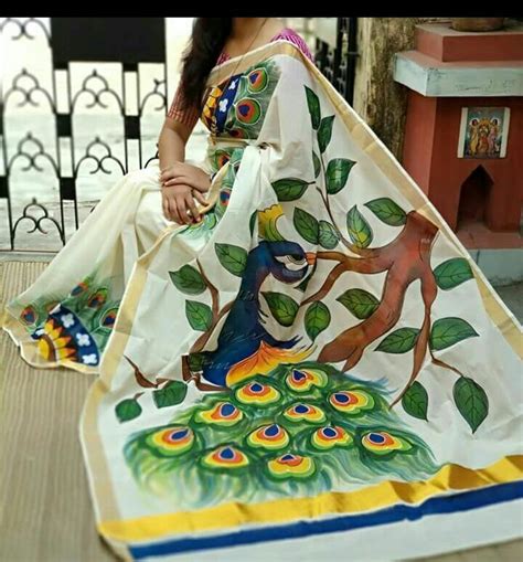 Kerala Cotton Hand Painted Sarees For Sale Half White With Hand