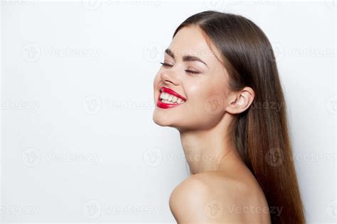 Lady Eyes closed wide smile red lips attractive look bare shoulders light 21989929 Stock Photo ...