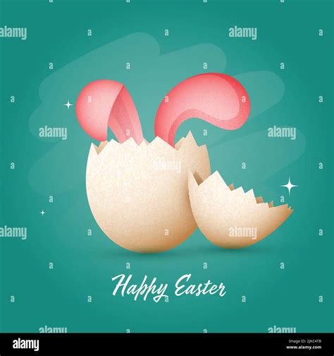 Happy Easter Poster Design With Bunny Ear Inside Broken Egg On Teal Background Stock Vector