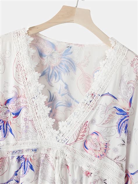 Kvinder Blomster Med Tryk Plunge Tie Front 3 4 ærmet Blonde minikjoler Damemode Kjoler