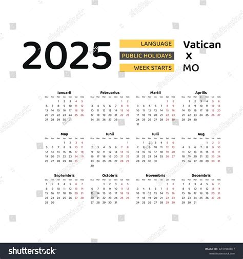 Vatican City Calendar 2025 Week Starts Stock Vector (Royalty Free
