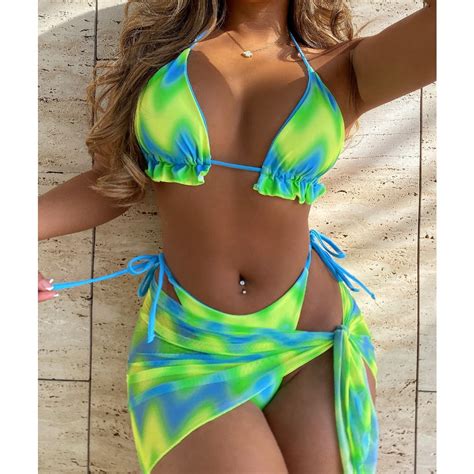 Sexy Green Y K Bikini Set Pieces Bra Thong Skirts Set Womens Halter Swimwear Bathing Suit