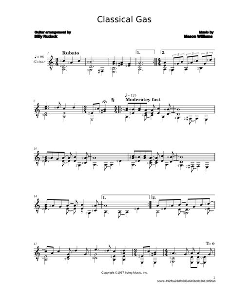 Classical Gas Mason Williams Sheet Music For Guitar Solo