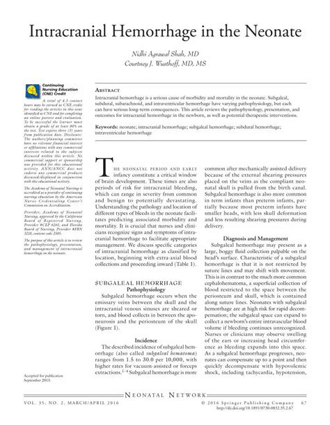 Pdf Intracranial Hemorrhage In The Neonate · And Management Of