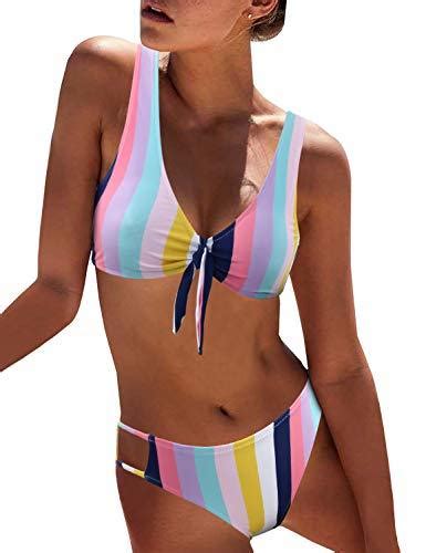 Bmjl Women S Sexy Detachable Padded Cutout Push Up Striped Bikini Set