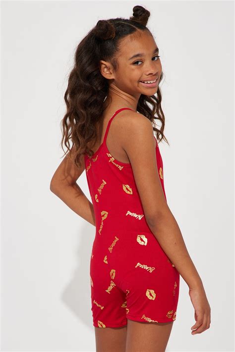 Mini Blessed And Favored Romper - Red | Fashion Nova