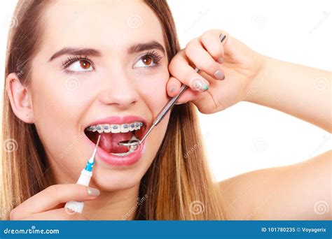 Woman With Braces Having Dentist Appointment Stock Image Image Of