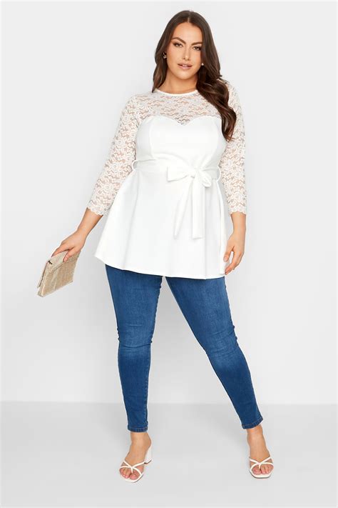 YOURS LONDON Curve Plus Size White Lace Sweetheart Peplum Top | Yours ...
