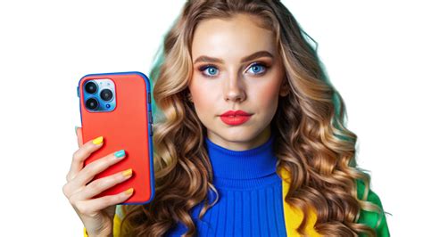 Woman With Long Blonde Hair Holding Red Smartphone PNG