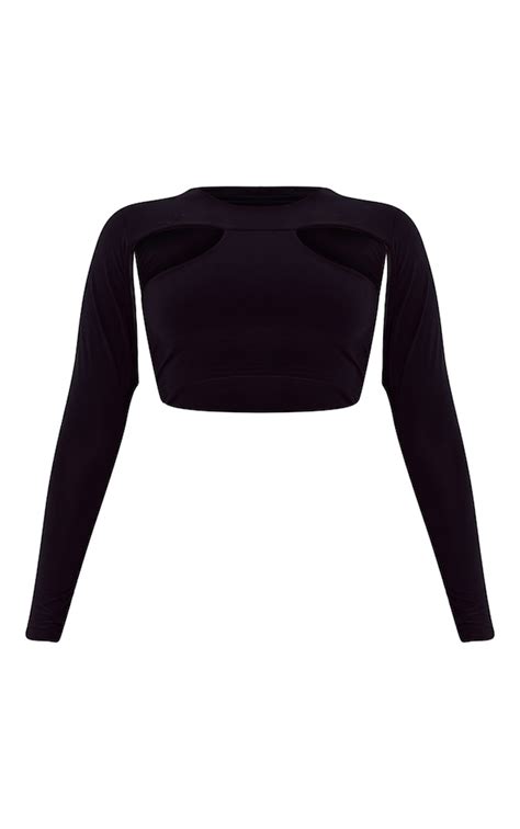 Plus Black Slinky Long Sleeve Cut Out Crop Top Prettylittlething Usa