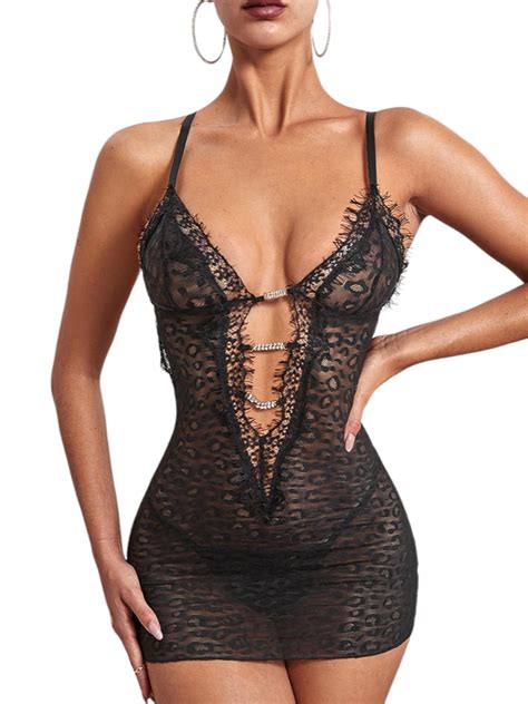 LilyLLL Womens Strappy Plunge V Neck Lingerie Nightdress Babydoll Pajamas Sleepwear With G