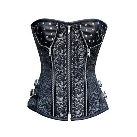 Cd Black Brocade Steampunk Corset With Zip And Stud Detailing