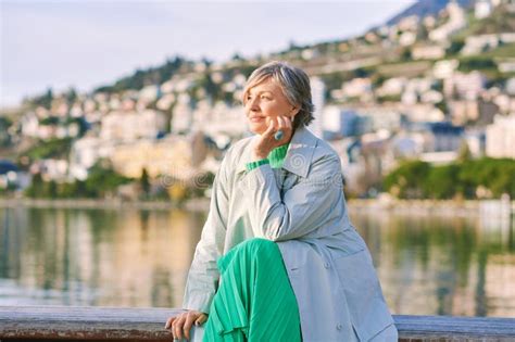 Outdoor Portrait Of Beautiful Mature Woman With Grey Hair Stock Photo Image Of Portrait