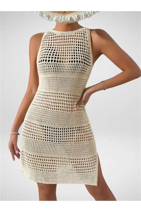 Genel Markalar Ajurlu Desen Bikini Üstü Bisiklet Yaka Kolsuz Plaj ElbisesiFiyatı Yorumları