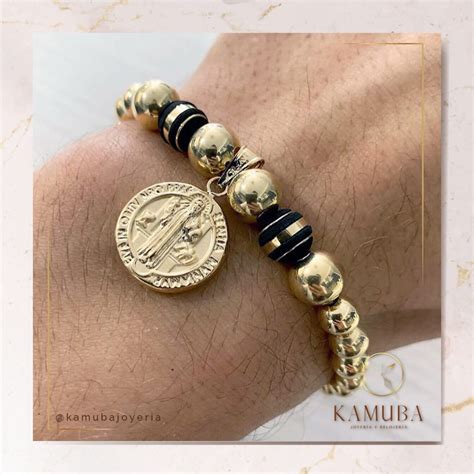 Pulsera Artesanal Oro K San Benito En Negro Kamuba Joyer A Oro