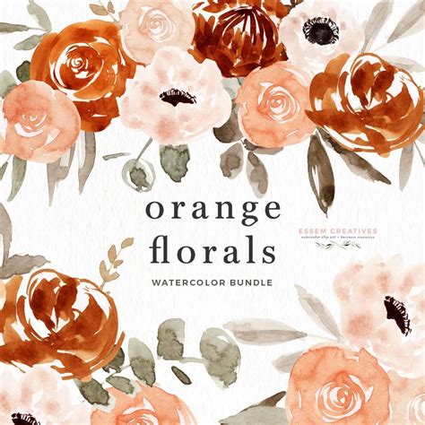 Orange Watercolor Flowers Clipart Boho Rustic Fall Floral Wreath