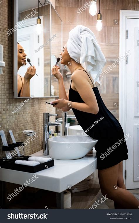 Happy Brunette Woman Applying Makeup Powder Stock Photo Shutterstock