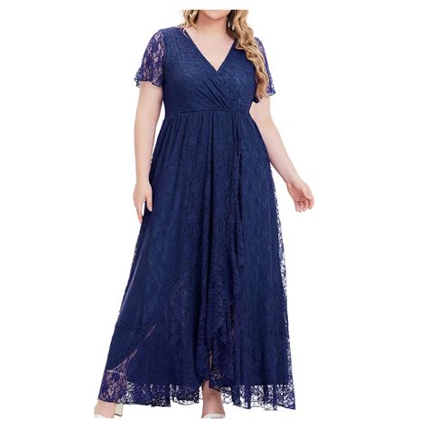 fartey Womens Plus Size Lace Maxi Dresses Tunic Short Sleeves V Neck