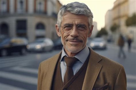 Premium AI Image Smiling Gray Hair Mature Man In Glasses Looking At Camera On City Street