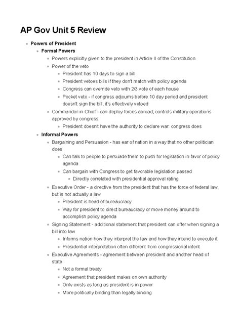 AP Gov Unit 5 Review - meow - AP Gov Unit 5 Review Powers of President