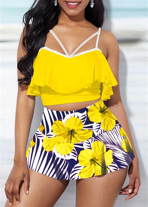 ROTITA High Waisted Ruffle Overlay Floral Print Bikini Set Rotita USD 32 98