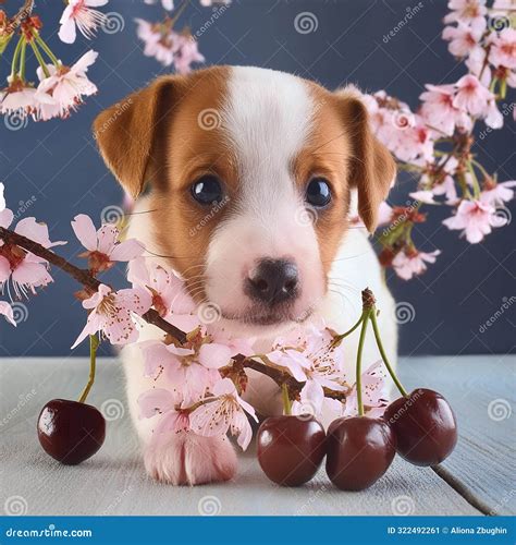 Cute Puppy with Cherry Flowers Stock Illustration - Illustration of