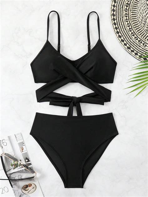 SHEIN Swim Conjunto de Maiô Bikini feminino de cor sólida laço para férias de verão na praia