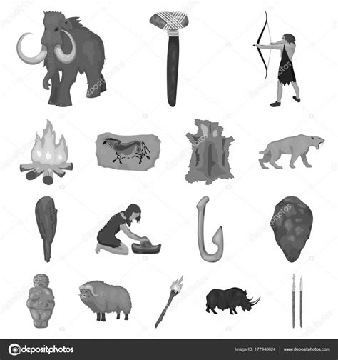 Life In The Stone Age Monochrome Icons In Set Collection For Design