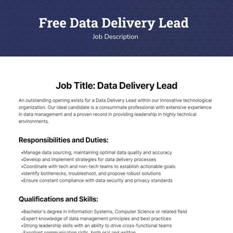 Free Data Delivery Lead Job Description Template Edit Online